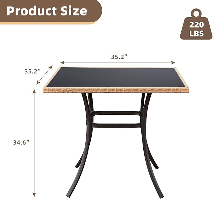 ECOTOUGE 35.2" Square Patio Table, Outdoor Wicker Dining Desk with Tempered Glass Top for 4-5 Persons, Bistro Rattan Furniture Garden Table for Balcony, Backyard, and Sunroom - Black Metal Steel Slat