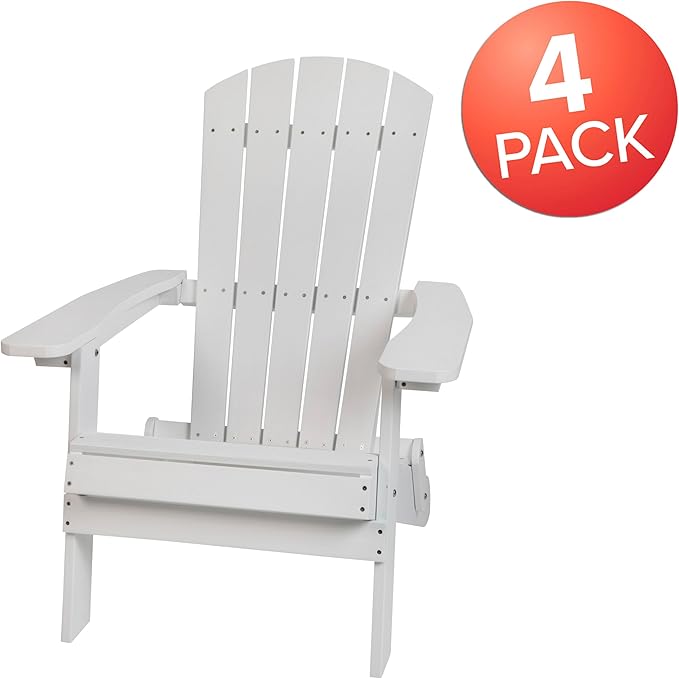 Flash Furniture Charlestown Folding Adirondack Chair - White - Poly Resin - Indoor/Outdoor - Weather Resistant - Set of 4