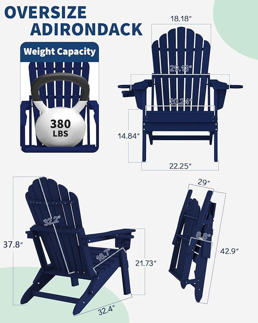 Plawdlik Folding Adirondack Chair Set of 4-with Two Cup Holder,Widened Heavy All-Weather HDPE,SGS Tested,Wooden Textured, Ourdoor Patio Chairs,Navy Blue