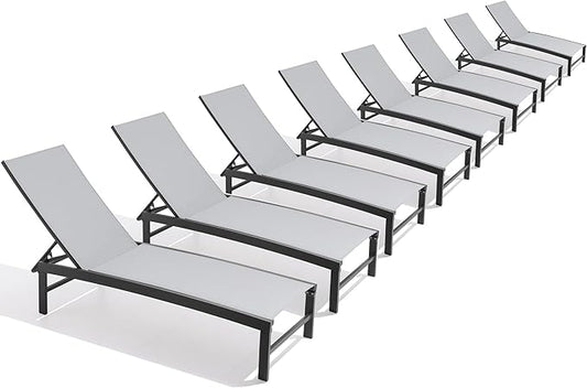Chaise Lounge Chair, Set of 6 Outdoor Recliner Lounge Chair Sun Loungers, All Weather Chaise with 5 Adjustable Backrest and Lay Flat Positions for Garden, Balcony, Pool, Light Gray