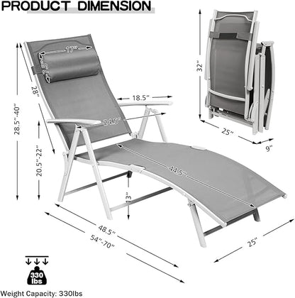 Giantex Chaise Lounge Chair for Outside, Pool Folding Reclining Beach Chair W/Removable Cushion&Headrest Pillow, Outdoor Lounge Chaise w/ 7 Backrest Positions, Portable Patio Lounger (2, Grey)