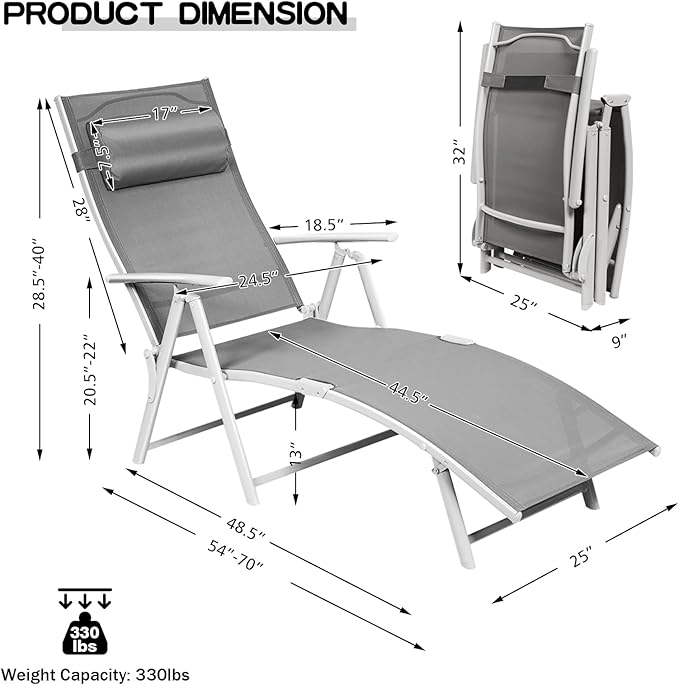 Giantex Chaise Lounge Chair for Outside, Pool Folding Reclining Beach Chair W/Removable Cushion&Headrest Pillow, Outdoor Lounge Chaise w/ 7 Backrest Positions, Portable Patio Lounger (1, Grey)