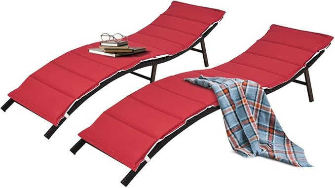 Tangkula 2 Pieces Patio Rattan Chaise Lounge, Outdoor Wicker Lounge Chair, Foldable Chaise Lounge, Suitable for Poolside, Garden, Balcony