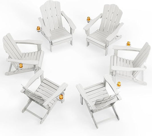 KINGYES Folding Adirondack Chair Set of 6, HDPE All-Weather Folding Adirondack Chair, White