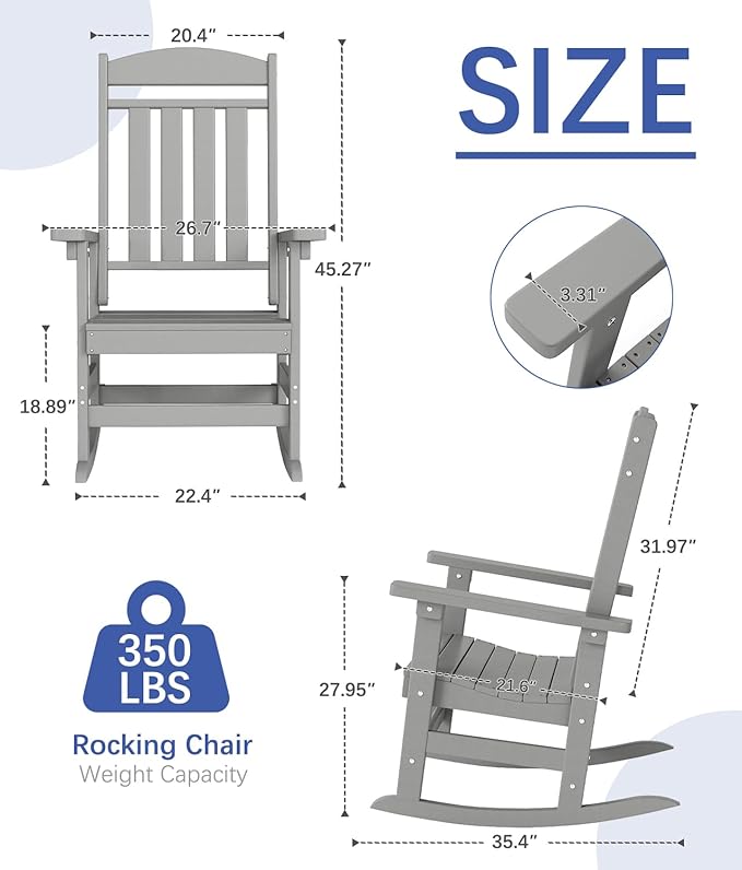 FOOWIN Outdoor Rocking Chair Set of 6, High Back Patio Rocking Chair, HDPE All Weather Resistant Porch Rocker for Adult, Oversized Rocking Chairs for Garden, Lawn, Indoor & Outdoor Use, Grey
