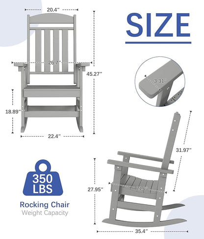 FOOWIN Outdoor Rocking Chair Set of 2, High Back Patio Rocking Chair, HDPE All Weather Resistant Porch Rocker for Adult, Oversized Rocking Chairs for Garden, Lawn, Indoor & Outdoor Use, Grey