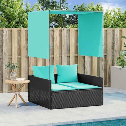 Double Patio Sun Lounger Outdoor Chaise Lounge 17"x18.3"x29" Black PE Rattan with Adjustable Canopy Privacy Curtains Blue Cushions for Garden Poolside Beach Backyard