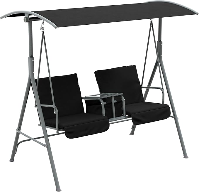 Outsunny 2 Person Porch Swing with Stand, Outdoor Swing with Canopy, Pivot Storage Table, 2 Cup Holders, Cushions for Patio, Backyard, Black