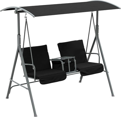 Outsunny 2 Person Porch Swing with Stand, Outdoor Swing with Canopy, Pivot Storage Table, 2 Cup Holders, Cushions for Patio, Backyard, Black