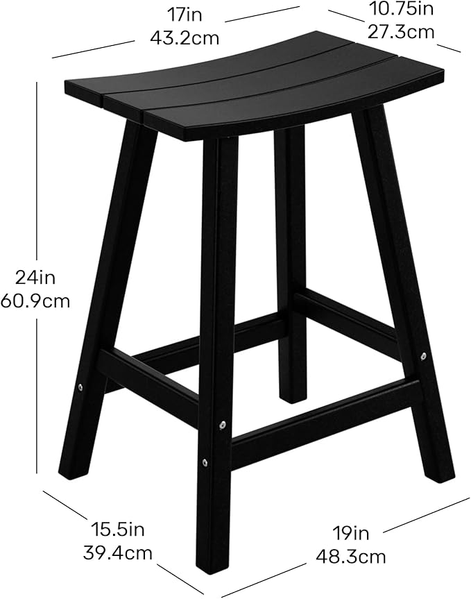 Costaelm All-Weather Bar Stools Set of 3, 24" Height Outdoor Bar Stools, Adirondack Poly Patio Bar Stool for Patio, Deck, Kitchen Counter and Garden, Black