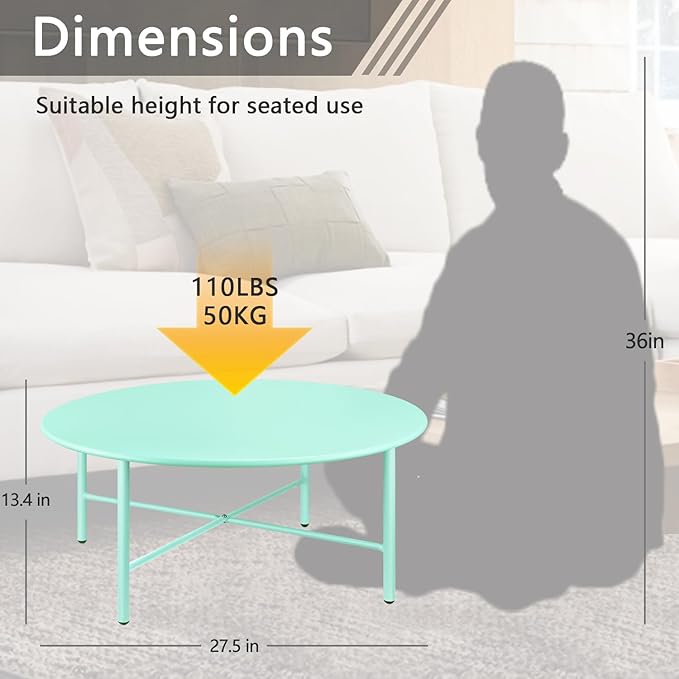 Patio Round Steel Patio Coffee Table, Weather Resistant Anti-Rust and Waterproof Indoor and Outdoor Large Side Table, for Garden Living Room Bedroom Balcony (Mint Green)