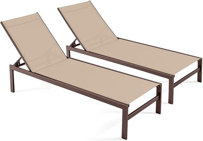 Tangkula Aluminum Lounge Chair Outdoor, Patio Adjustable Chaise Lounge with 6-Position Backrest, Aluminum Frame, Breathable Fabric, Lightweight Recliner Pool Chairs for Poolside, Backyard (2, Brown)