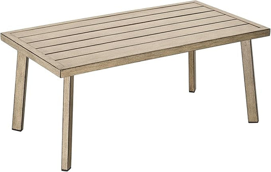 Patio Coffee Table, Never-Rust Aluminum Outdoor Coffee Table with Wood Grain Texture, Modern Rectangle Garden Coffee Table with Slatted Tabletop for Poolside, Decks, Indoor, Balcony, Gray Oak | Never-Rust, Wood Grain Texture, Slatted Tabletop