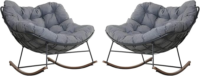 Grand patio Outdoor Rocking Chairs Set of 2, E-Coated Outdoor Rocking Recliner Chair 2 Pieces with Cushion for Front Porch Garden Patio Backyard, Grey