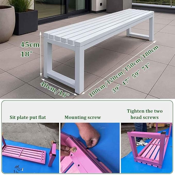 Patio Benches for Outdoors Metal Garden Bench 39" 47" 59" 71" Porch Furniture 2-4 Seating Without Backrest Weatherproof for Park Lawn Garden Yard Tennis Court Seater Chair(White,3.93ft)