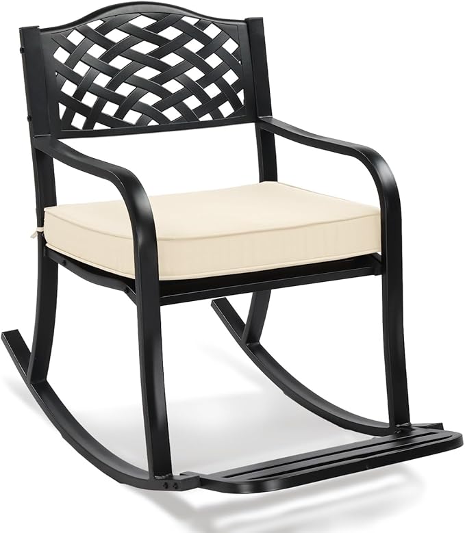 VINGLI Metal Rocking Chair, Outdoor Rocking Bench with Cushion, Patio Rocker with Footrest, Weatherproof Rocking Chair for Outside, Patio, Garden, Hole Backrest