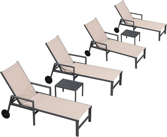 PURPLE LEAF Patio Chaise Lounge Set for 4 Outdoor Pool Lounge Chairs with Armrest and Adjustable Backrest Aluminum Reclining Sunbathing Tanning Chair for Outside Poolside Yard Balcony, Sand Beige