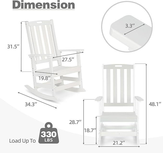 Aoodor Outdoor Rocking Chair, Ergonomic HDPE Rockers with All-Weather Design for Patio or Porch, Color White,Set of 2