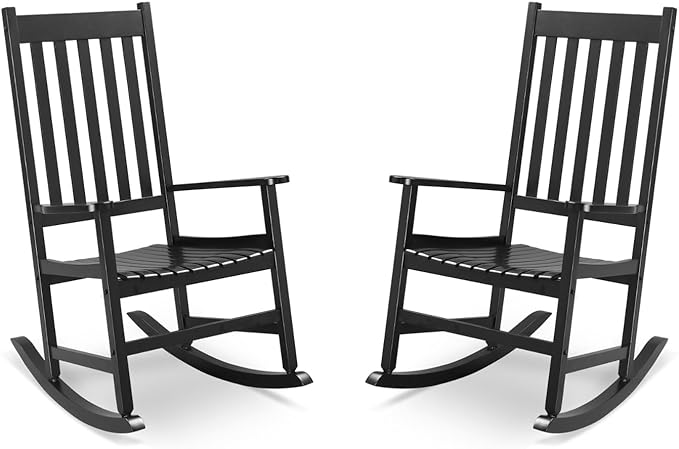 Outvita Outdoor Rocking Chair Set of 2, Solid Wood High Back Rocker, All Weather Lounge Chair for Porch Patio Fire Pit Garden Backyard Deck Indoor, Black
