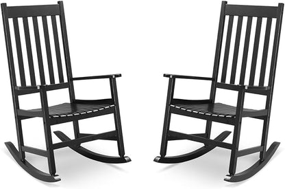 Outvita Outdoor Rocking Chair Set of 2, Solid Wood High Back Rocker, All Weather Lounge Chair for Porch Patio Fire Pit Garden Backyard Deck Indoor, Black