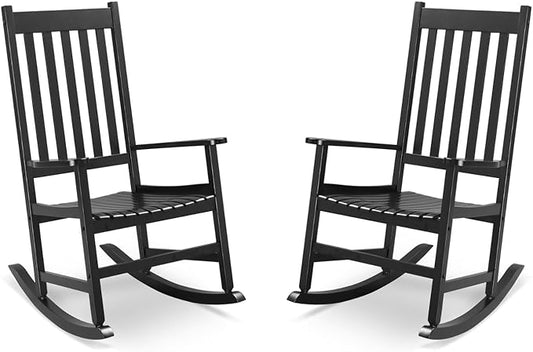 Outvita Outdoor Rocking Chair Set of 2, Solid Wood High Back Rocker, All Weather Lounge Chair for Porch Patio Fire Pit Garden Backyard Deck Indoor, Black