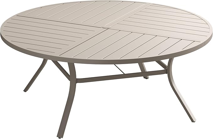 Patio Dining Table for 8-10, Round Metal Outdoor Table with Storage Shelf, 1.57" Umbrella Hole, 60" Outdoor Quartered Tabletop Dining Table for Backyard, Porch, Lawn, Sand