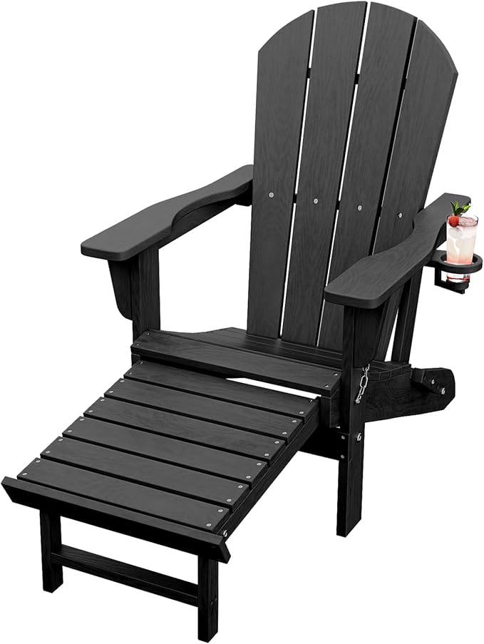 Folding Adirondack Chairs with Retractable Ottoman, HDPE Adirondack Chair with Cup Holder, All Weather Fire Pit Chair for Patio, Garden, Poolside (one Chair)