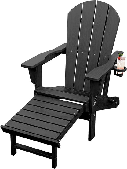 Folding Adirondack Chairs with Retractable Ottoman, HDPE Adirondack Chair with Cup Holder, All Weather Fire Pit Chair for Patio, Garden, Poolside (one Chair)