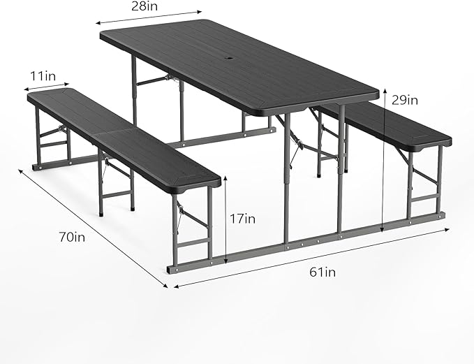VINGLI Folding Picnic Table and Bench Set with Umbrella, Portable Outdoor Dining Furniture for Camping, Patio, Backyard - Photo 6