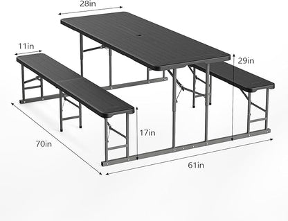 VINGLI Folding Picnic Table and Bench Set with Umbrella, Portable Outdoor Dining Furniture for Camping, Patio, Backyard, Wood Grain Plastic Top with Metal Frame (White)