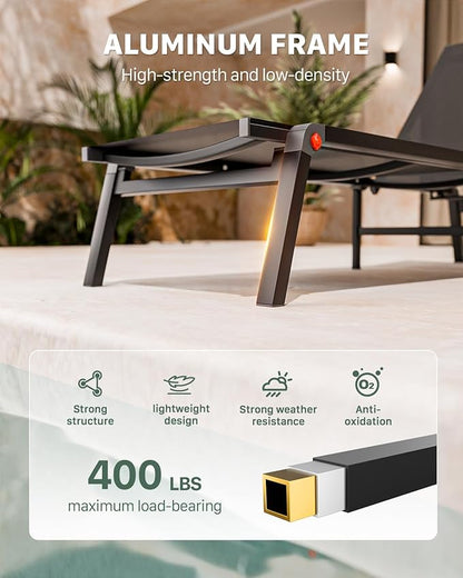 Aluminum Patio Chaise Lounge Chair Set of 2 with Side Table,5-Position Adjustable Backrest,Foldable Lounge Chair Outdoor,Pool Lounge Chairs for Poolside,Lawn,Deck,Beach (Black, 2 Pack+Table)