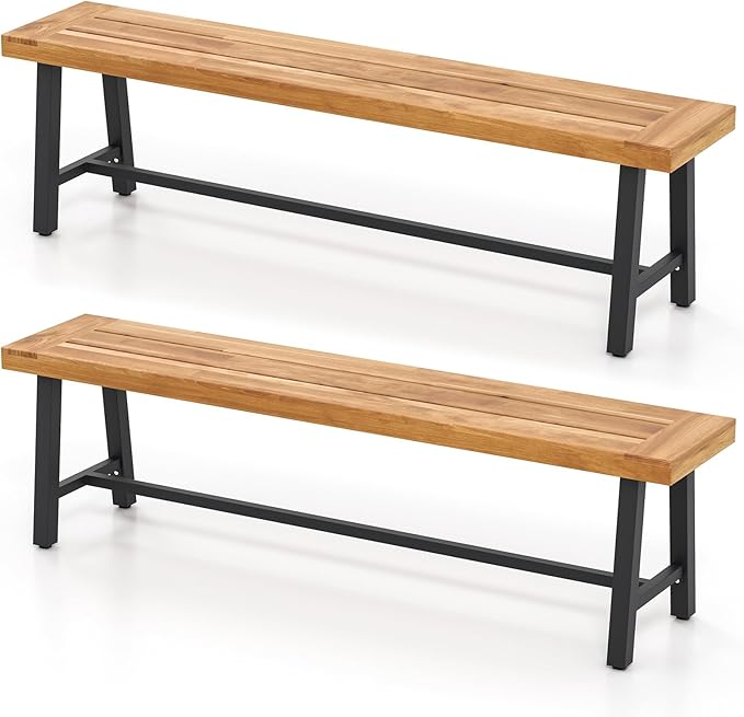 RELAX4LIFE 63’’ Outdoor Bench Acacia Wood - 3-Person Backless Patio Benches with Heavy Duty Metal Frame, Wooden Picnic Dining Garden Bench for Outside Backyard Park Porch, 800 LBS Weight Capacity (2)