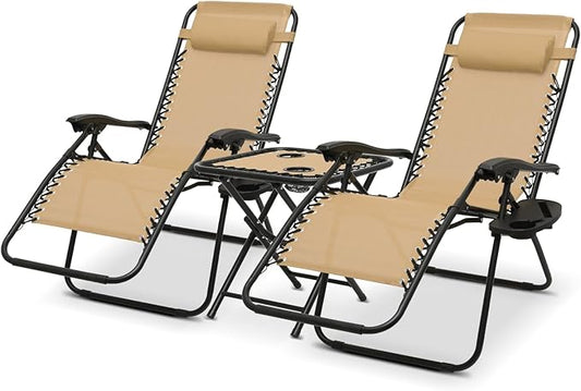 Athena Collection Zero Gravity Outdoor Lounge Chair Set of 2 with Side Table, 25" Width Pool Lounge Lawn Chairs Reclining with Cup Holder, Outdoor Chaise for Beach Patio Backyard Outside, Beige