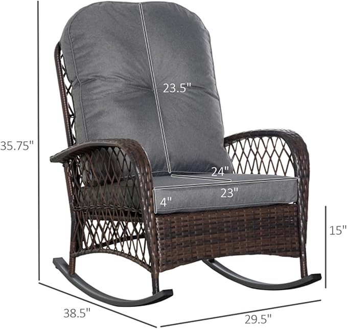 Outdoor Wicker Rocking Chair, PE Rattan Patio Rocker with Cushioned Removable Washable Covers for Porch, Garden, Backyard, Balcony(Gray)