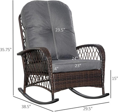 Outdoor Wicker Rocking Chair, PE Rattan Patio Rocker with Cushioned Removable Washable Covers for Porch, Garden, Backyard, Balcony(Gray)