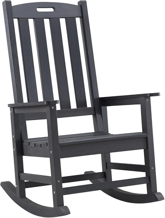 Psilvam Oversized Outdoor Rocking Chair, with 21" Wide Seat and 32" Tall Backrest, Pre-Assembled with Most Components for Effortless Installation (Carbon Black)