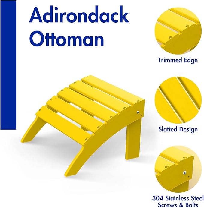 BRIOPAWS Adirondack Ottoman | Folding | HDPE Plastic | Yellow Outdoor Foot Rest | All Weather | Patio Footrest for Adirondack Chair | Foot Stool for Pool Deck Porch | 19.7W x 18.5L x 13H Inch