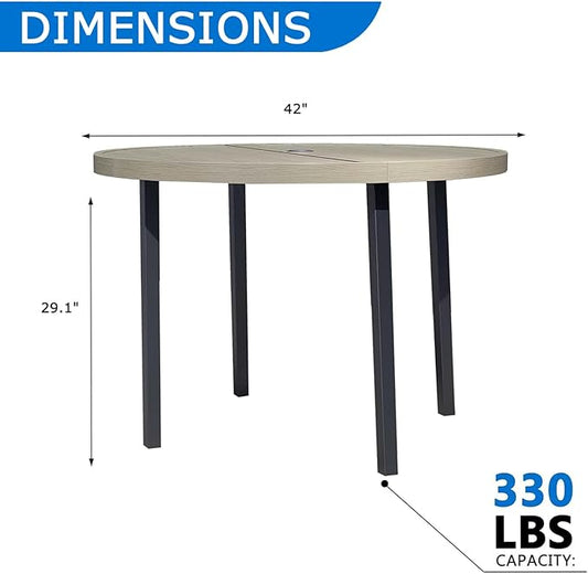 All-Weather 42" Round Outdoor Patio Table for 4, Metal Ivory Dining Table with Adjustable Umbrella Hole, Garden, Backyard & Deck Bistro Table