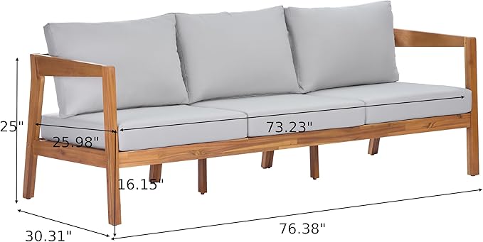 Merax 76.38" Acacia Solid Wood 3-Seater Outdoor Patio Sofa, Teak Finish with Beige Cushions - Photo 2