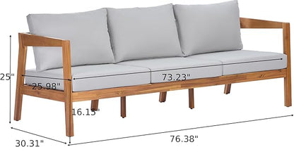 Merax 76.38" Acacia Solid Wood 3-Seater Outdoor Patio Sofa, Teak Finish with Beige Cushions, Lounge Sofa for Garden & Patio, Teak+Light Grey