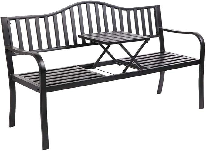 VINGLI 59" Outdoor Metal Bench Patio Bench with Built in Table Park Bench Garden Bench - Photo 1