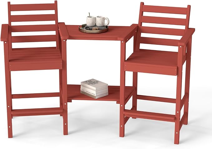 Tall Adirondack Chairs Set of 2, Bar Height HDPE Outdoor Chairs with Connecting Tray & Umbrella Hole, Balcony Patio Adirondack Chairs for Deck, Garden, Lawn (Terracotta)