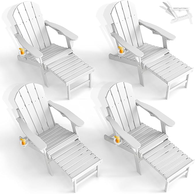 GREENVINES Adjustable Adirondack Chair with Retractable Ottoman Set of 4 | Folding | HDPE Plastic | Fire Pit Chairs w/Foot Rest | 2 Cup Holders | White | for Outdoor Patio Poolside Deck
