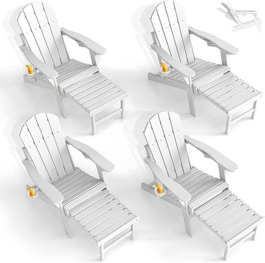 GREENVINES Adjustable Adirondack Chair with Retractable Ottoman Set of 4 | Folding | HDPE Plastic | Fire Pit Chairs w/Foot Rest | 2 Cup Holders | White | for Outdoor Patio Poolside Deck