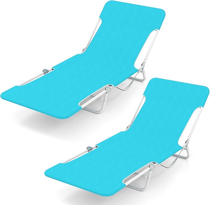GYMAX Tanning Chair, 2Pcs Folding Beach Chairs with Adjustable Backrest, Footrest, 330lbs Capacity & Shoulder Strap, Portable Layout Sunbathing Loungers for Outside, Patio, Poolside (Turquoise)