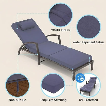Outdoor Chaise Lounge Set of 2, 5-Position Adjustable PE Wicker Reclining Chairs with Wheels & 3.5" Cushions, 400 lbs Capacity All-Weather Patio Furniture for Poolside, Garden, Beach(Blue)