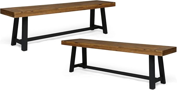 Merax 2-Piece Acacia Wood Outdoor Benches Set, 63" Rustic Patio Bench with Sandblast Teak Finish and H-Stretcher Design, Solid Hardwood Garden Bench for Dining, Porch, Fire Pit, Teak+Black