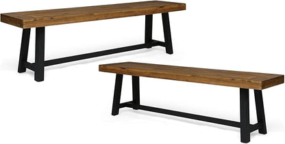 Merax 2-Piece Acacia Wood Outdoor Benches Set, 63" Rustic Patio Bench with Sandblast Teak Finish and H-Stretcher Design, Solid Hardwood Garden Bench for Dining, Porch, Fire Pit, Teak+Black