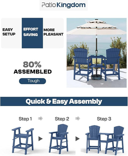 Tall Adirondack Chairs Set of 2 with Removable Tray, HDPE Bar Height Adirondack Bar Stools, High Back Patio Chairs for Balcony, Deck, Lawn, Backyard, All-Weather Outdoor Furniture, Navy Blue