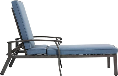 Chaise Lounge Chair Outdoor Cast Aluminum Reclining Lounger with Cushion, 5-Position Adjustable Backrest, Waterproof Padded Seat, Hidden Wheels, Elegant Poolside Garden Patio Seating (Blue)